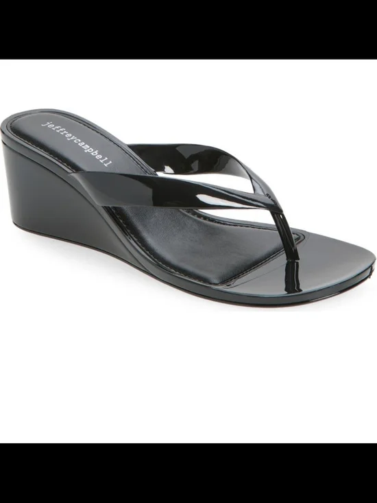 Jeffrey Campbell Black Patent Wedge Thong Sandals