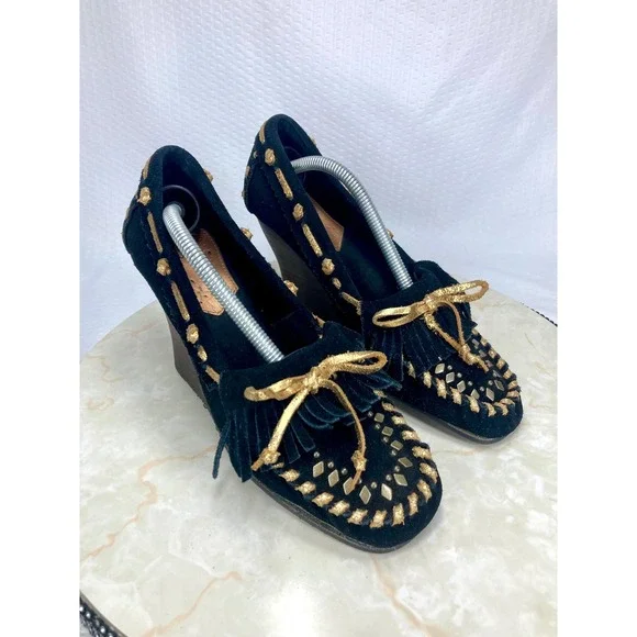 Sam Edelman Studded Fringe Moccasin Wedge Heels Womens 7.5 Black Leather Western