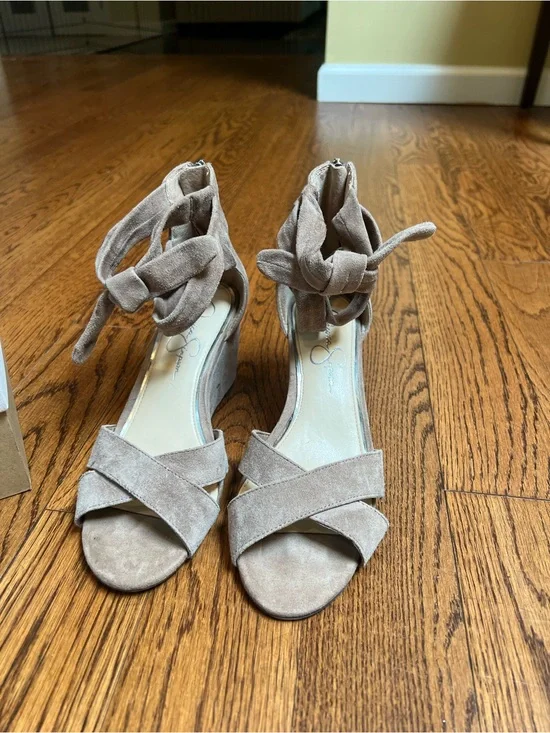 Jessica Simpson Taupe Suede Crisscross Ankle Tie Wedge Sandals