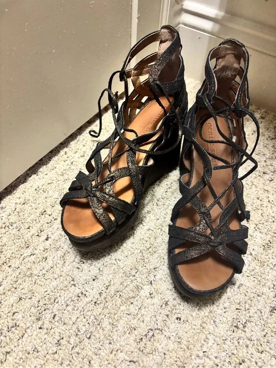 gentle souls Black Lace-Up Wedge Sandals