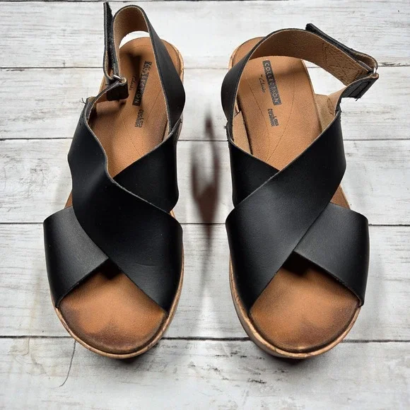 Clarks Collection Wedge Sandals Black Leather Platform Womens 8 Cork Slingback