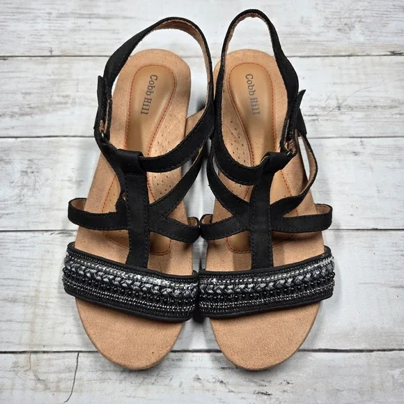 Cobb Hill CI0188 Strappy Wedge Sandal Beaded Black Women Size 9 Low Heel Comfort