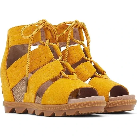 Sorel Joanie II Yellow Suede‎ Lace Up Wedge Sandals Tassel Gladiator Sawtooth