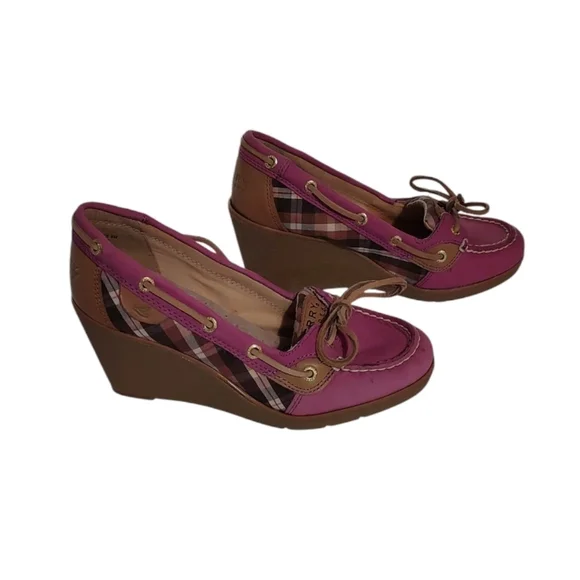 Sperry Top-Sider  Goldfish Wedge Heel Pink Plaid 9518747 Women Sz 6M