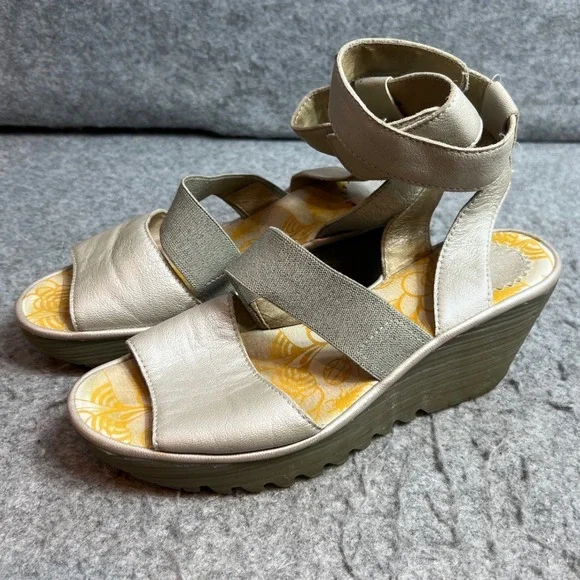 Fly London Women Metallic Gray Leather Ankle Wrap Wedge Sandals Platform 37