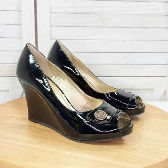 Lilly Pulitzer Patent Leather Peep Toe Wedge Heels Black 36.5 US‎ 6