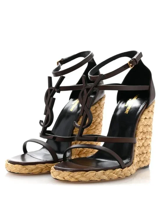 Saint Laurent Cassandra 105 Espadrille Wedge Sandals Brown Leather YSL NIB EU 39