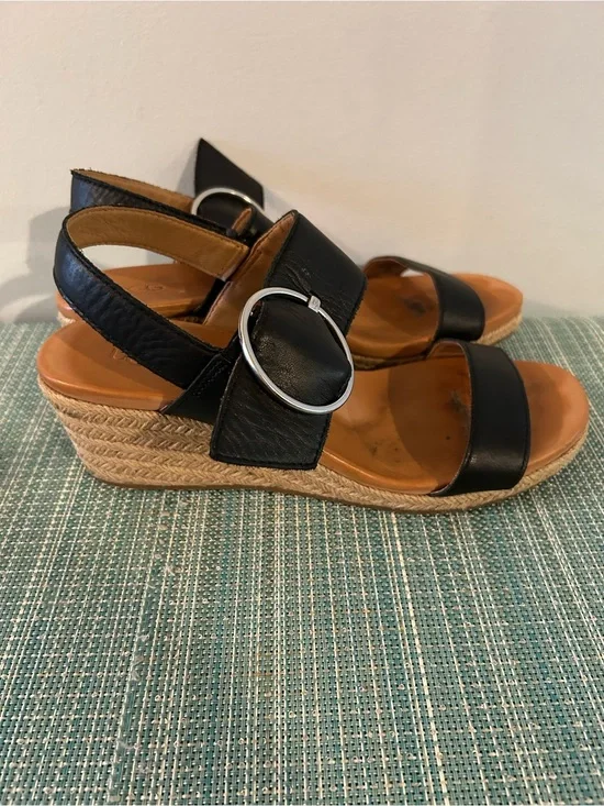 Black Wedge Espadrille Sandals with Silver Buckle
