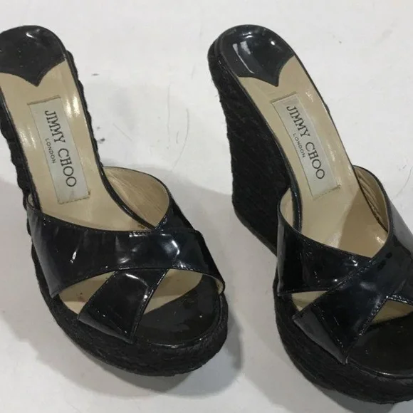Women’s Jimmy Choo Black Patent Platform Espadrille Wedge Heels Sandals Size 37