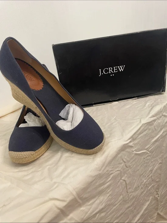 J. Crew Navy Espadrille Platform Wedge Pumps