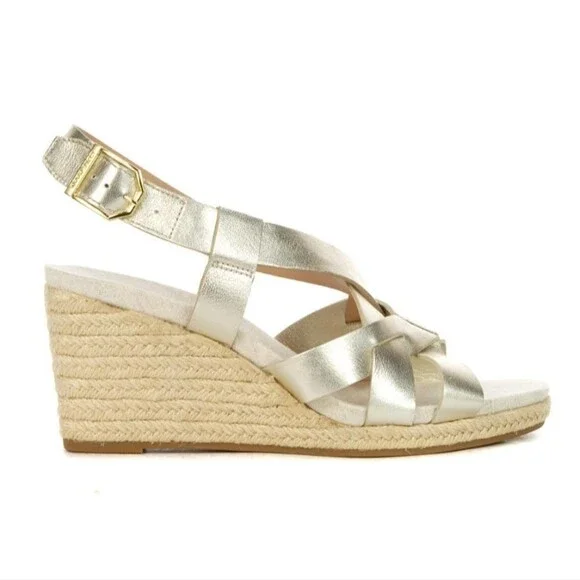 Cole Haan Crystal Wedge Metallic White Gold Leather Espadrille Sandals, Sz 10.5