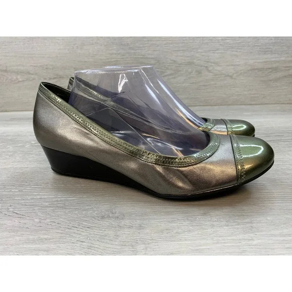 Cole Haan Air Tali Silver Metallic Leather Cap Toe Wedge Pumps 11 Comfort Shoes