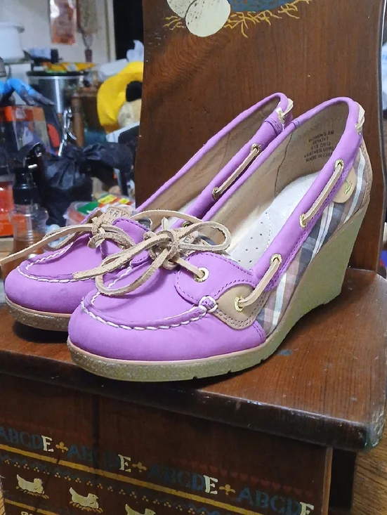 Sperry/topsider,suede Fuscia Plaid Wedge Shoes‎ with Tan Leather-Laces, Sz.8m