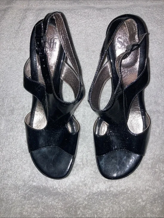 Sofft Black Patent Open-Toe Slingback Wedge Heels