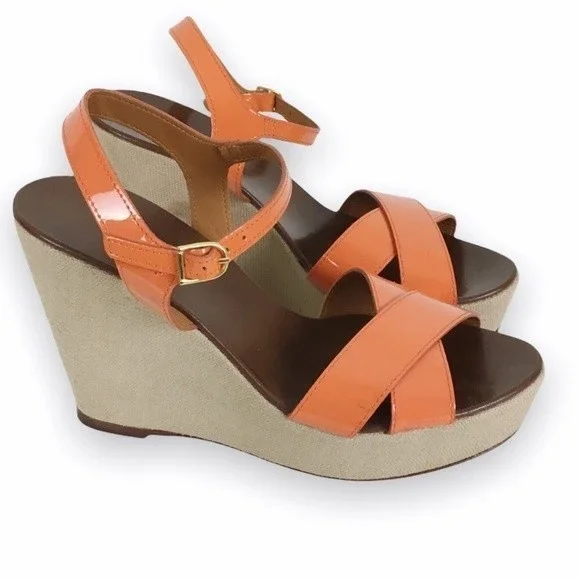 JCREW J CREW Size‎ 7 Orange Patent Leather Strappy Wedges Platform Heels Sandals