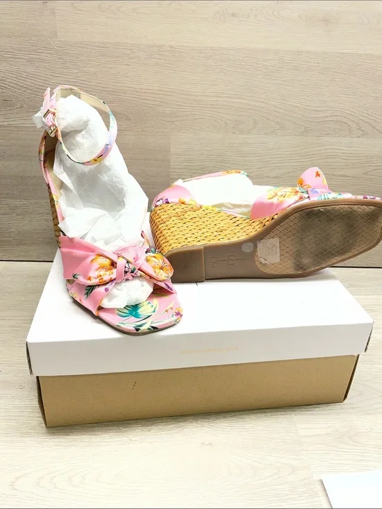 Jessica Simpson Pink Floral Knot Wedge Sandals with Ankle Strap #380