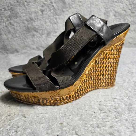BCBG Wedge Platform Sandals Black Stretch Strappy Woven Straw Women‎ Size 10 Y2K