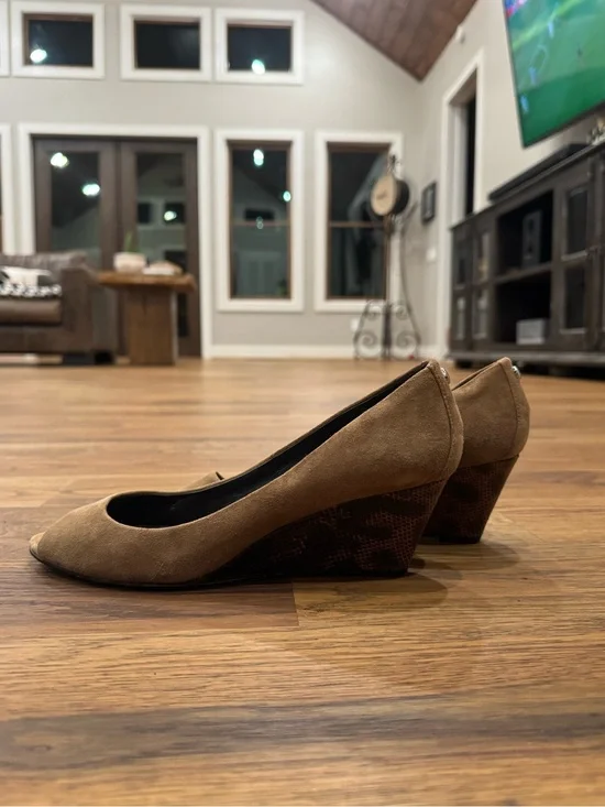 Donald J. Pliner Tan Suede Wedge Pumps with Patterned Heel