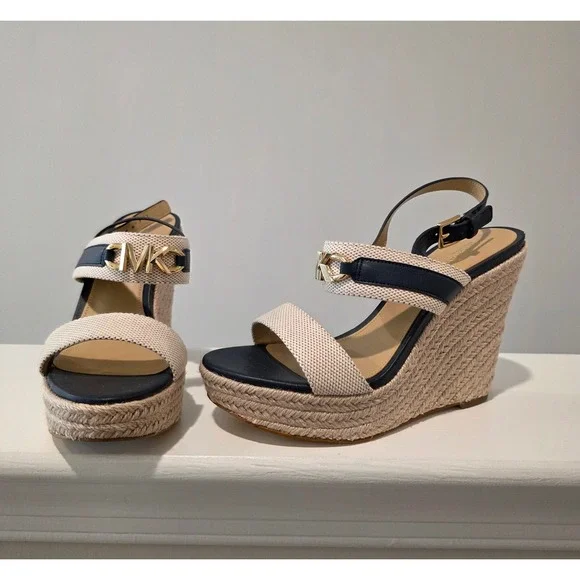 Women 6 M Michael‎ Kors Reed Wedge Sandals Navy Natural Espadrille Platform Logo