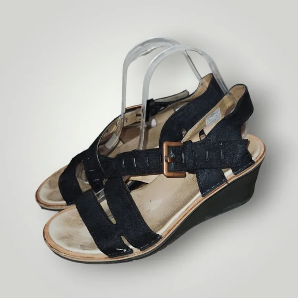 Women's 9 Merrell Sirah Lattice Sandals Black Strap Wedge Comfort Leather