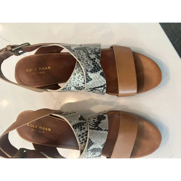 Cole Haan‎ Wedge Sandals Tan Snakeskin Embossed Leather Strappy Platform W01191