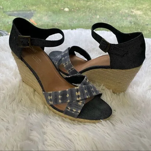 Toms Denim Blue Batik Platform Espadrille Wedge‎ Sienna Sandals Sz 10
