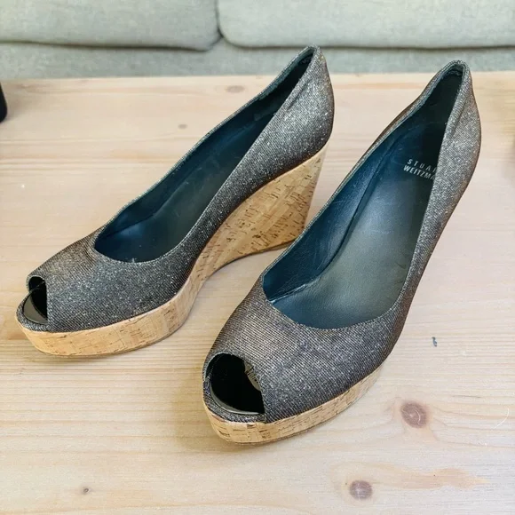 Stuart Weitzman Metallic Brown Wedge Peep-Toe Shoes‎ Size 10 Cork Platform Heels