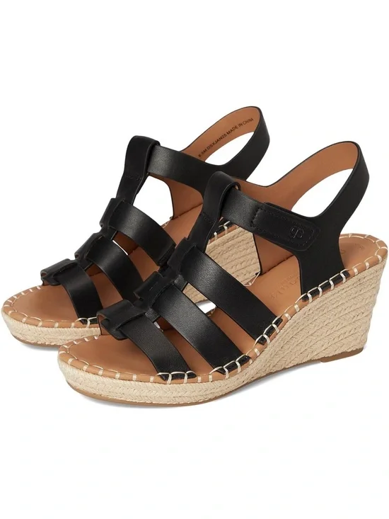 Kenneth Cole Black Leather Strappy Espadrille Wedge Sandals - Women's