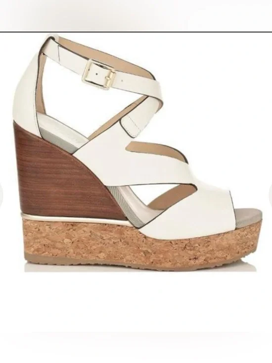 Jimmy Choo Nate 120 Leather Cork Wedge Sandals White Latte Mix size 39/ US 8.5-9