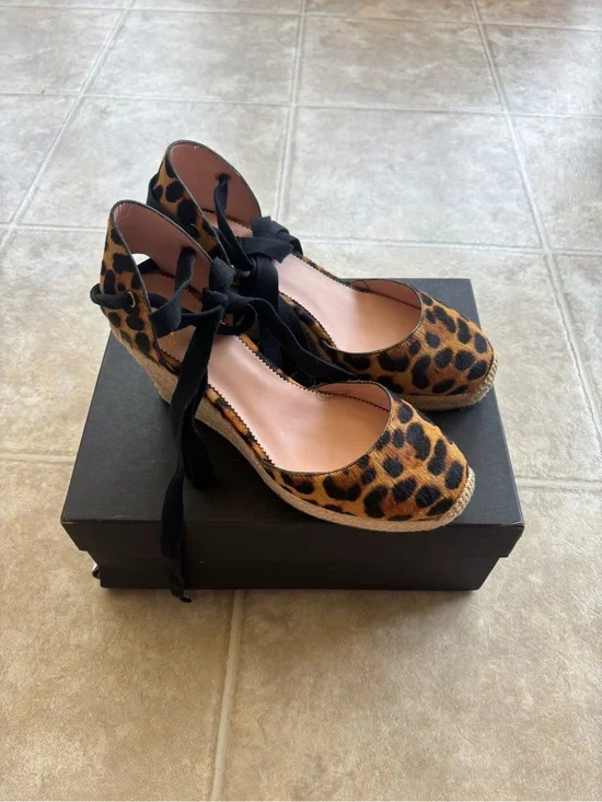 J. Crew Leopard Print Espadrille Wedges with Black Ankle Ties