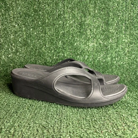 Crocs Sanrah Twist Dual Comfort Wedge Sandal Slide Casual Black Womens Size 10