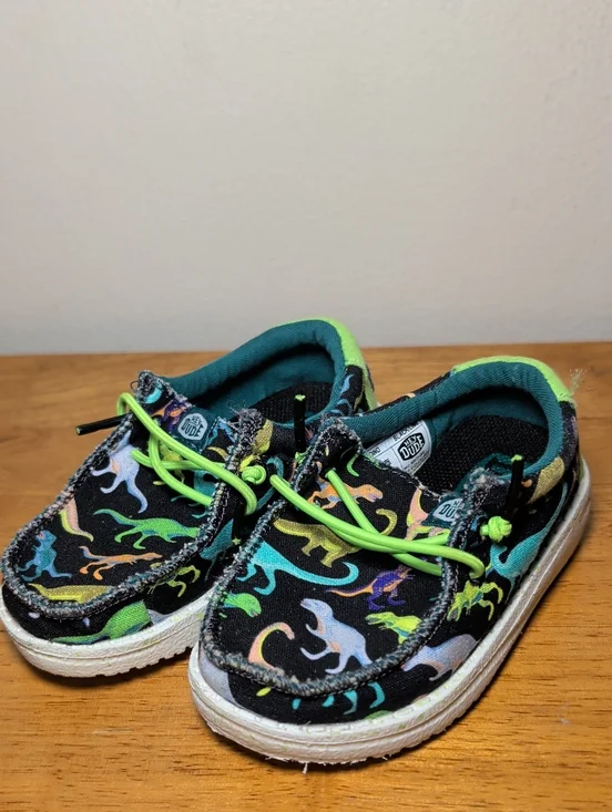 Hey Dude Wally Toddler Dino Print Shoes Blue Neon Green Boys Size 6