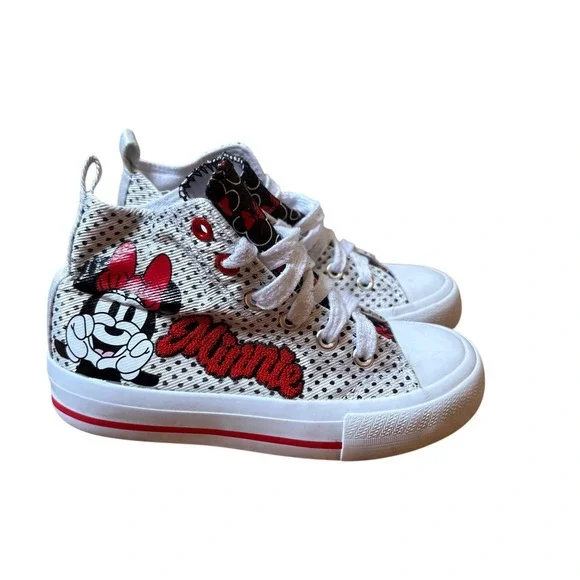 Disney Minnie Mouse High Top Sneakers Kids White Polka Dot Embroidered SIZE 12