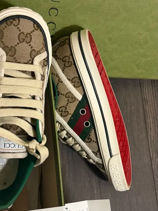 Gucci Beige GG Canvas Sneaker with Red & Green Stripe