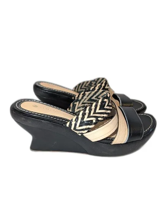 Leifsdottir | Anthropologie Black & Beige Wooden & Leather Wedge Sandals |	EU 38