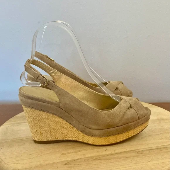 Stuart Weitzman Jean Taupe Suede Slingback Wedge Sandals Womens Sz 6 M Platform