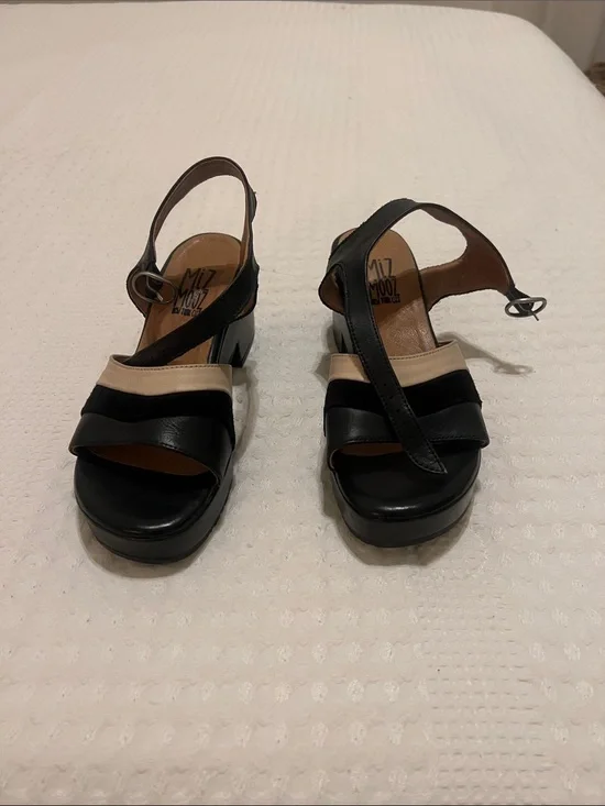 Miz Mooz Black and Cream Leather Wedge Slingbacks