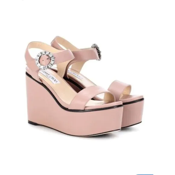 Jimmy Choo Jimmy Nylah 100 Crystal Buckle Leather Platform Wedge Sandals 41.5
