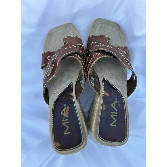 Vtg Y2K 90's MIA Brown Leather Chunky Platform Sandal Slides Size 8M