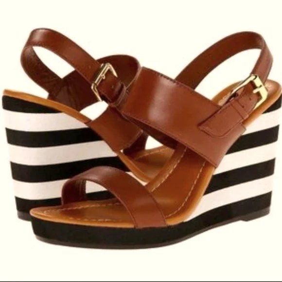 kate spade Brown Leather Striped Wedge Sandals