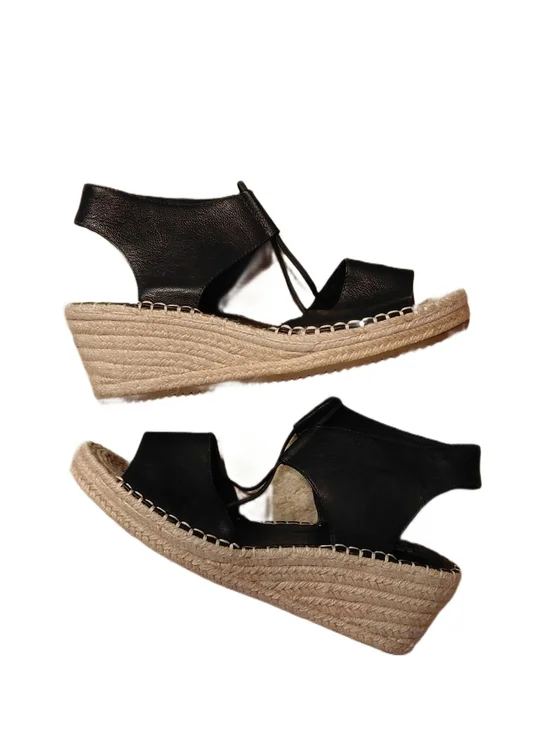 Eileen Fisher Black Leather Espadrille Wedge Sandals Size 10