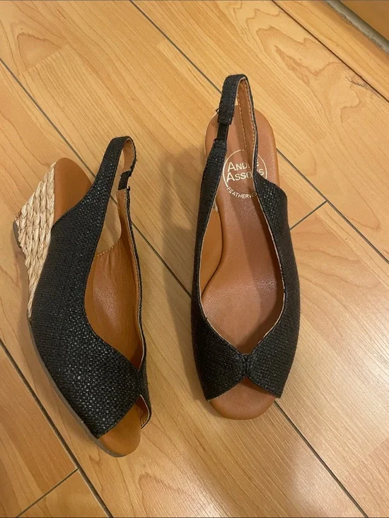 Andre Assous Black Textured Peep-Toe Slingback Wedges
