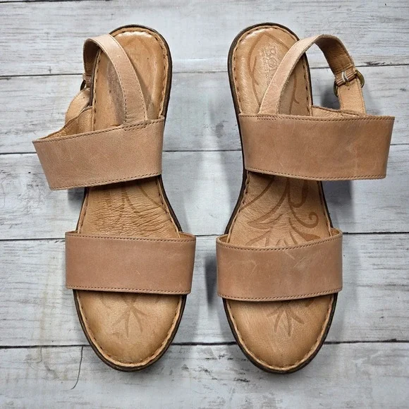 Born D91516 CCK15 Leather Wedge Slingback Sandals Women 12 Tan Nude Boho Comfort