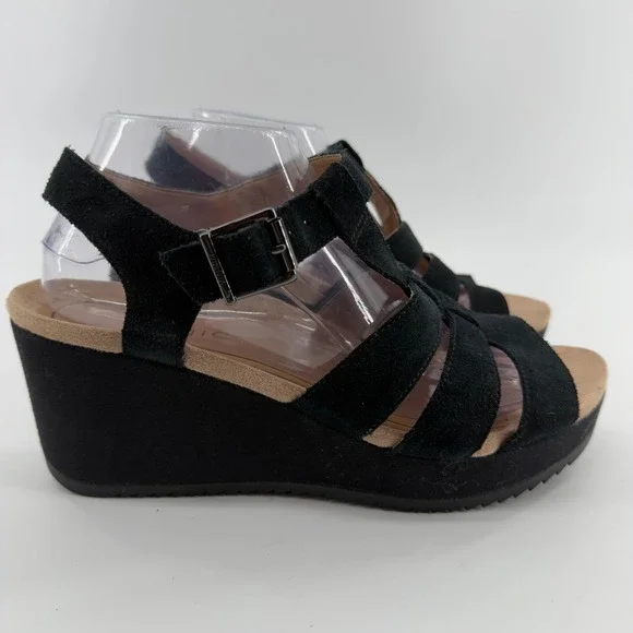 Vionic Tawny Black Suede Wedge Sandals Strappy Platform Buckle 9.5