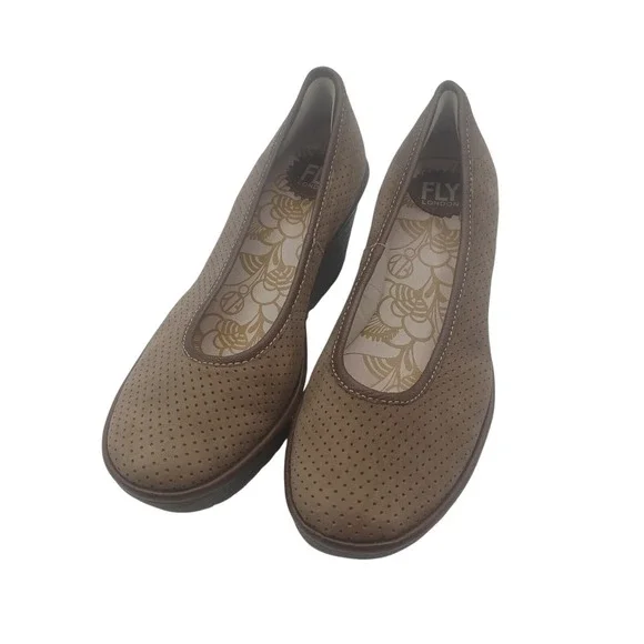 Fly London‎ Wedge Pumps Womens 8.5 Brown Good Perforated Leather Platform