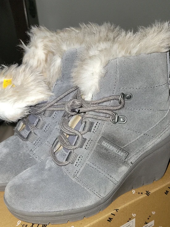 Caterpillar Gray Suede Faux-Fur Wedge Ankle Boots
