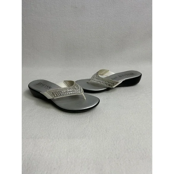 Glam Italian Shoemakers Womens 8 Silver Rhinestone Crystal Wedge Thong Sandals