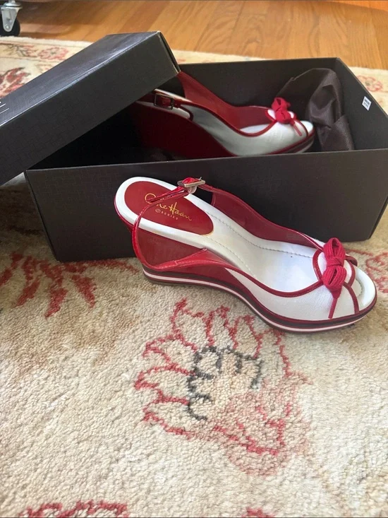 Cole Haan Red and White Slingback Wedge Sandals with Bow Detail