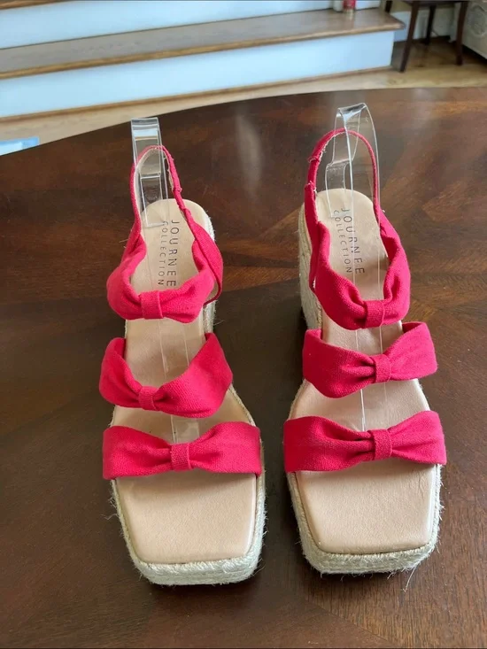 Journee Collection Pink-Red Bow Espadrille Wedge Sandals