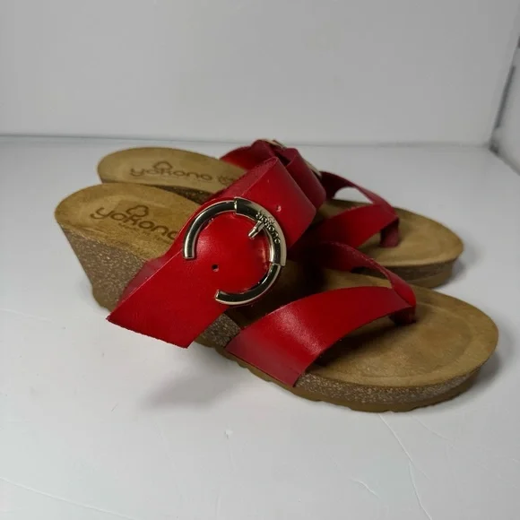 Yokono Red Leather Wedge Sandals Size 38 7 Buckle Strap Cork Platform Spain